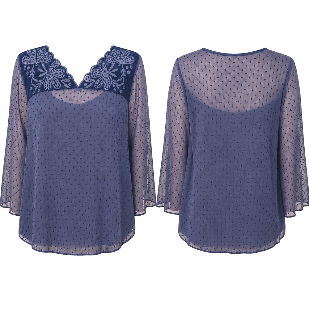 NEW Style & Co Large Eyelet Kale Green Blue Swiss Dot Velvet Yoke 2-Piece Top